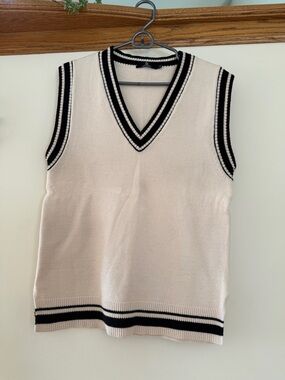 Cream V-Neck Sweater Vest with Black Trim